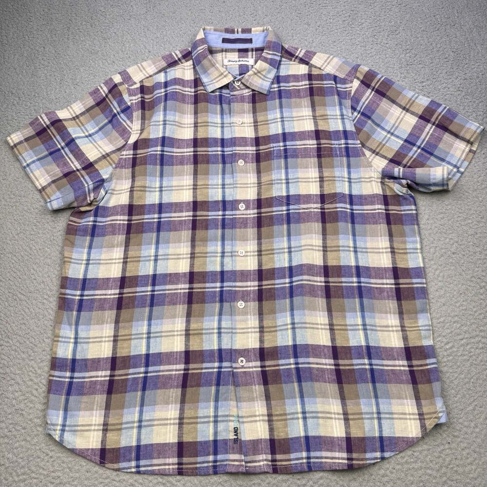 TOMMY BAHAMA Shirt Mens Large Purple Multicolor Plaid Linen Blend Casual Travel